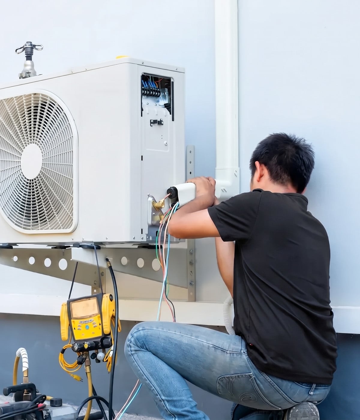 An HVAC technician in a black shirt crouches while connecting wiring on an outdoor air conditioning unit, with a yellow manifold gauge set on the ground nearby