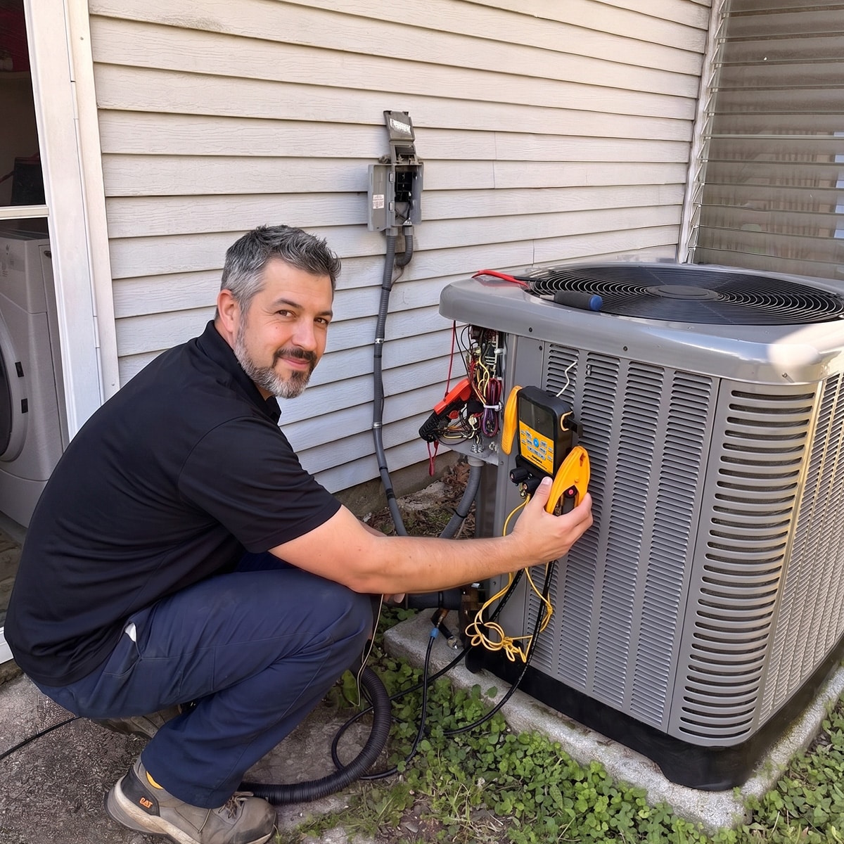 HVAC technician smiling while testing air conditioner condenser unit with diagnostic tool