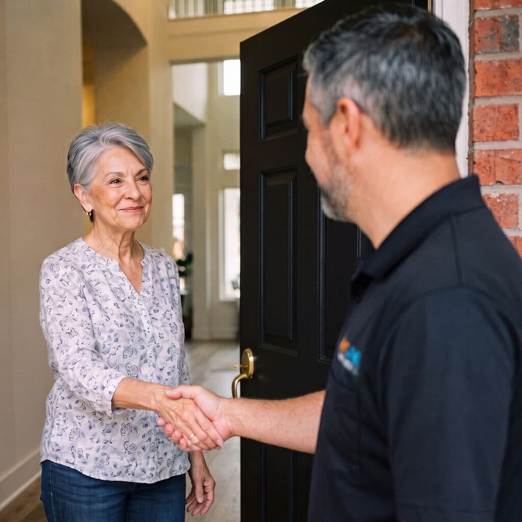 Service technician shaking hands with homeowner at front door entrance