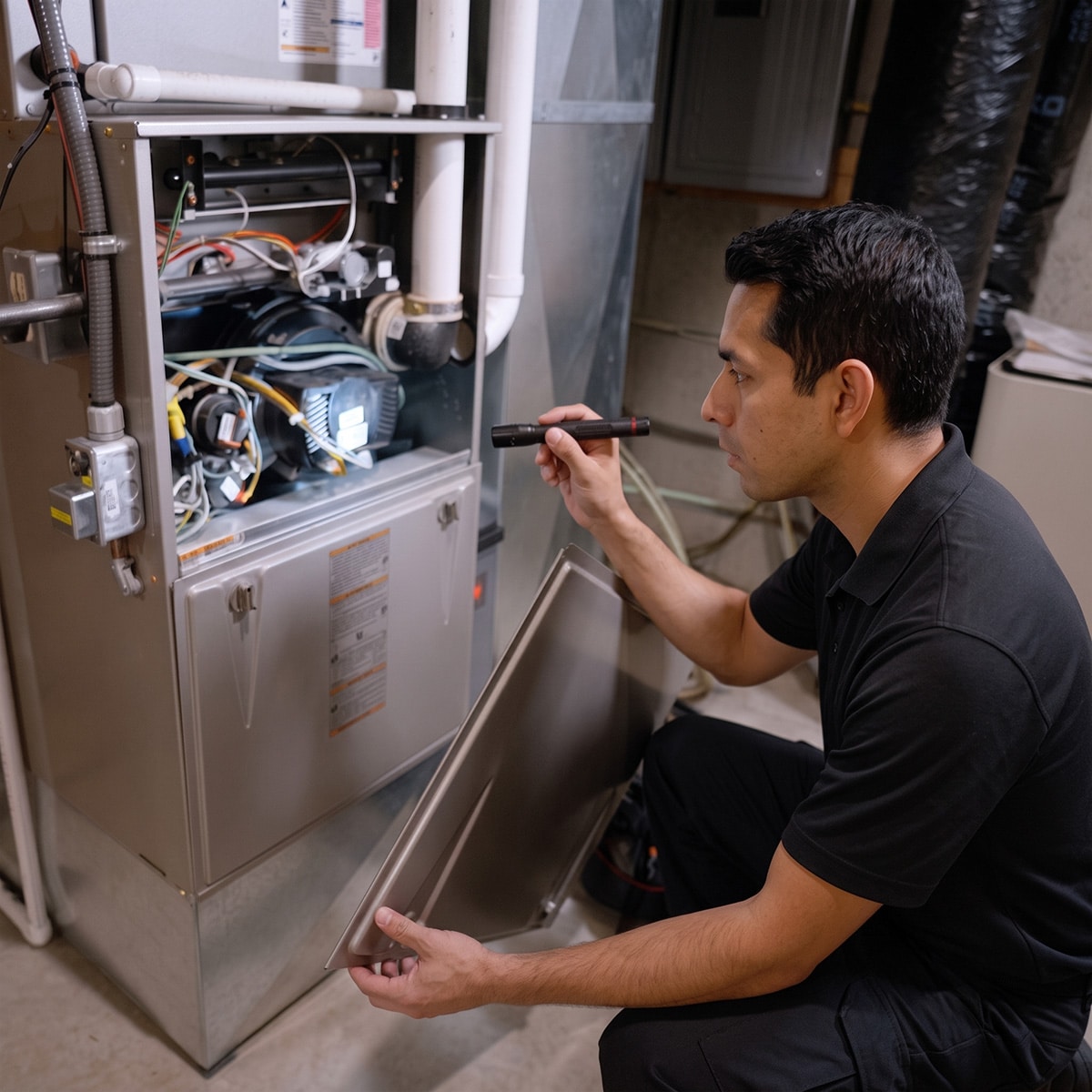 HVAC technician with flashlight inspecting inside residential furnace unit panel