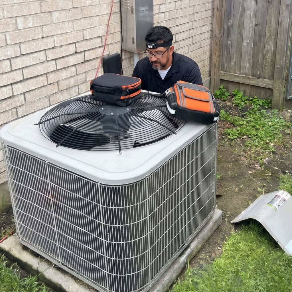 Next Level Heating & Air tech works on a backyard AC condenser with its access panel off in Richmond, KY.