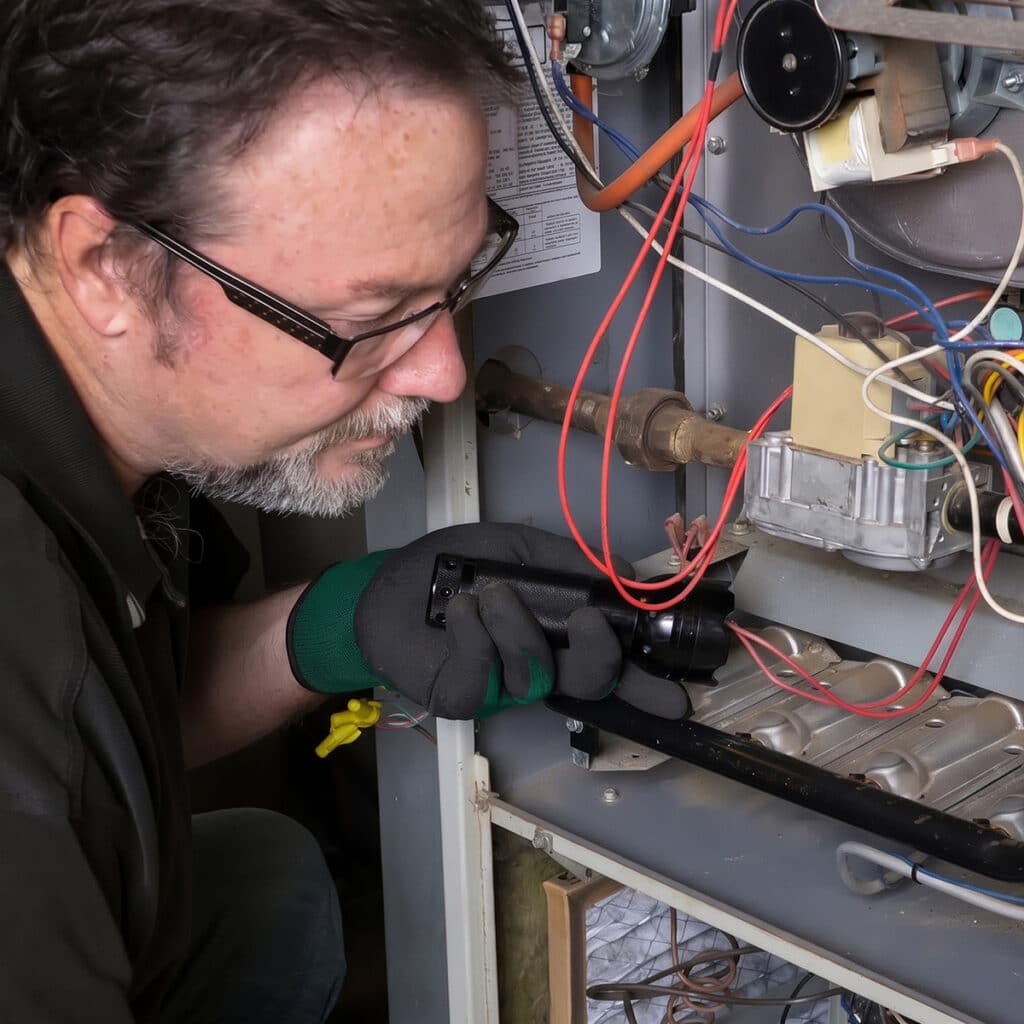 Next Level Heating & Air technician shines a flashlight on a gas furnace's burners and gas valve in Richmond, KY.